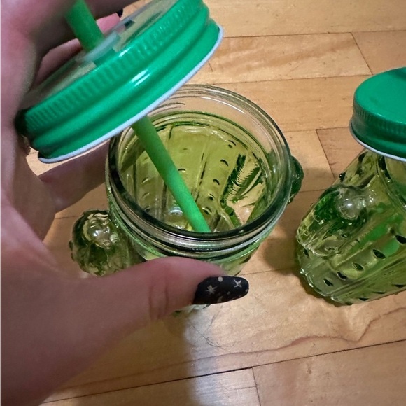 Green Cactus Glass Tumblers with Straws Jar Cup Drink ware Western Cowboy NWOT - Picture 4 of 4
